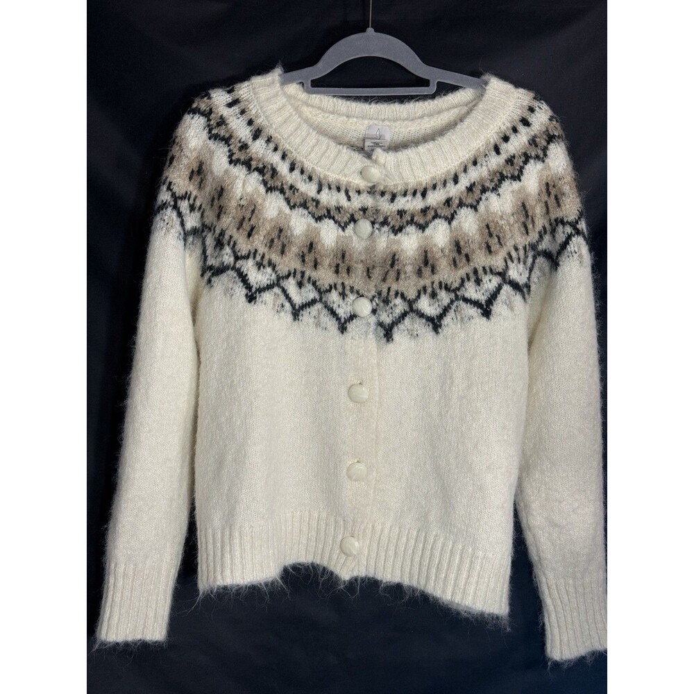 Joie Fair Isle Knit Cardigan Cream Black Tan Geometric Buttons Cozy Size M